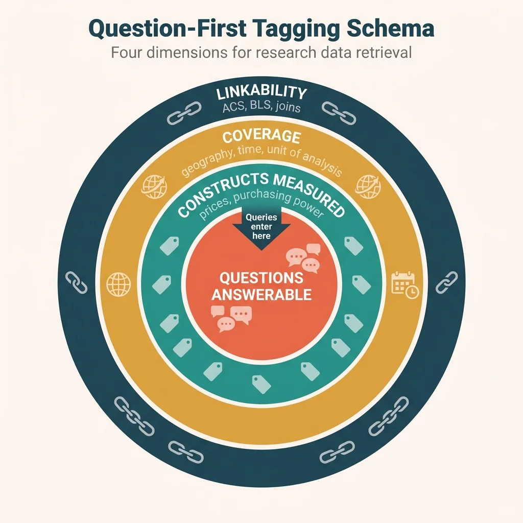 Four concentric rings showing Questions Answerable at center, surrounded by Constructs Measured, Coverage, and Linkability