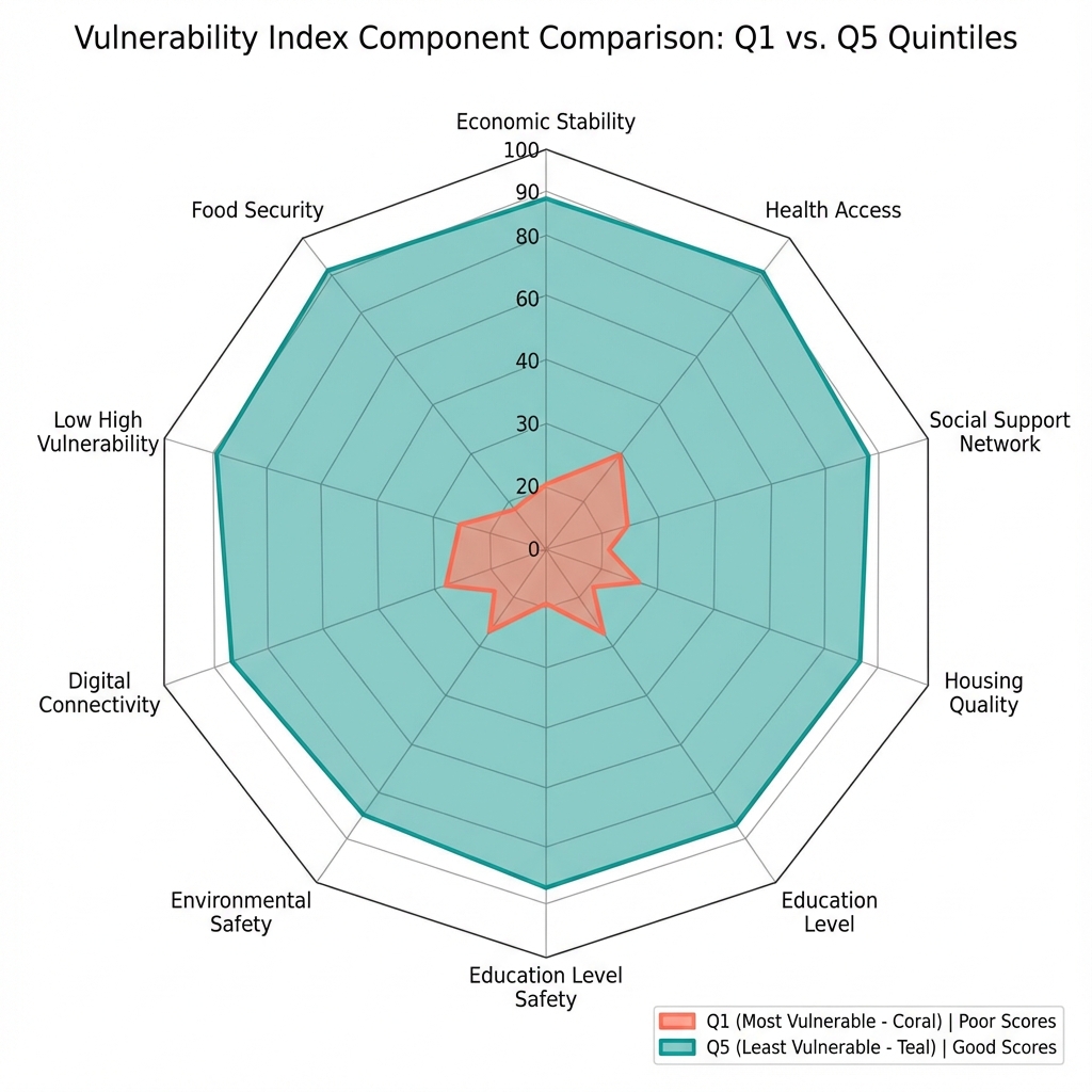 Comparison chart showing key metrics between lowest (Q1) and highest (Q5) vulnerability tracts
