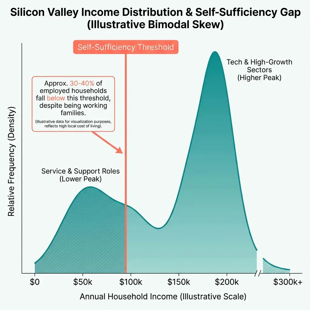 Histogram showing median household income distribution across Santa Clara County census tracts with threshold lines for federal poverty, self-sufficiency, and area median income
