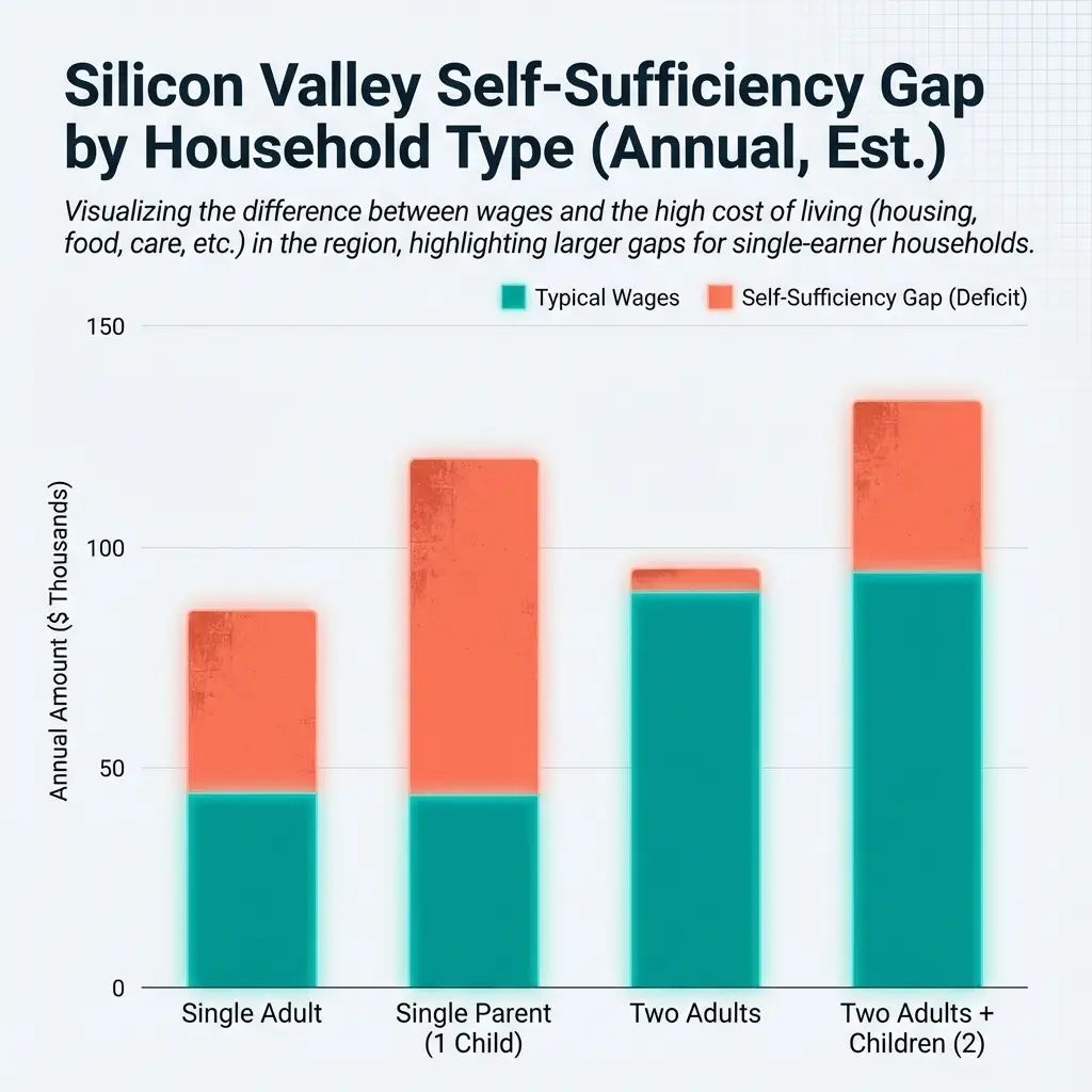 Horizontal bar chart showing number of census tracts below each income threshold from federal poverty line to self-sufficiency standard