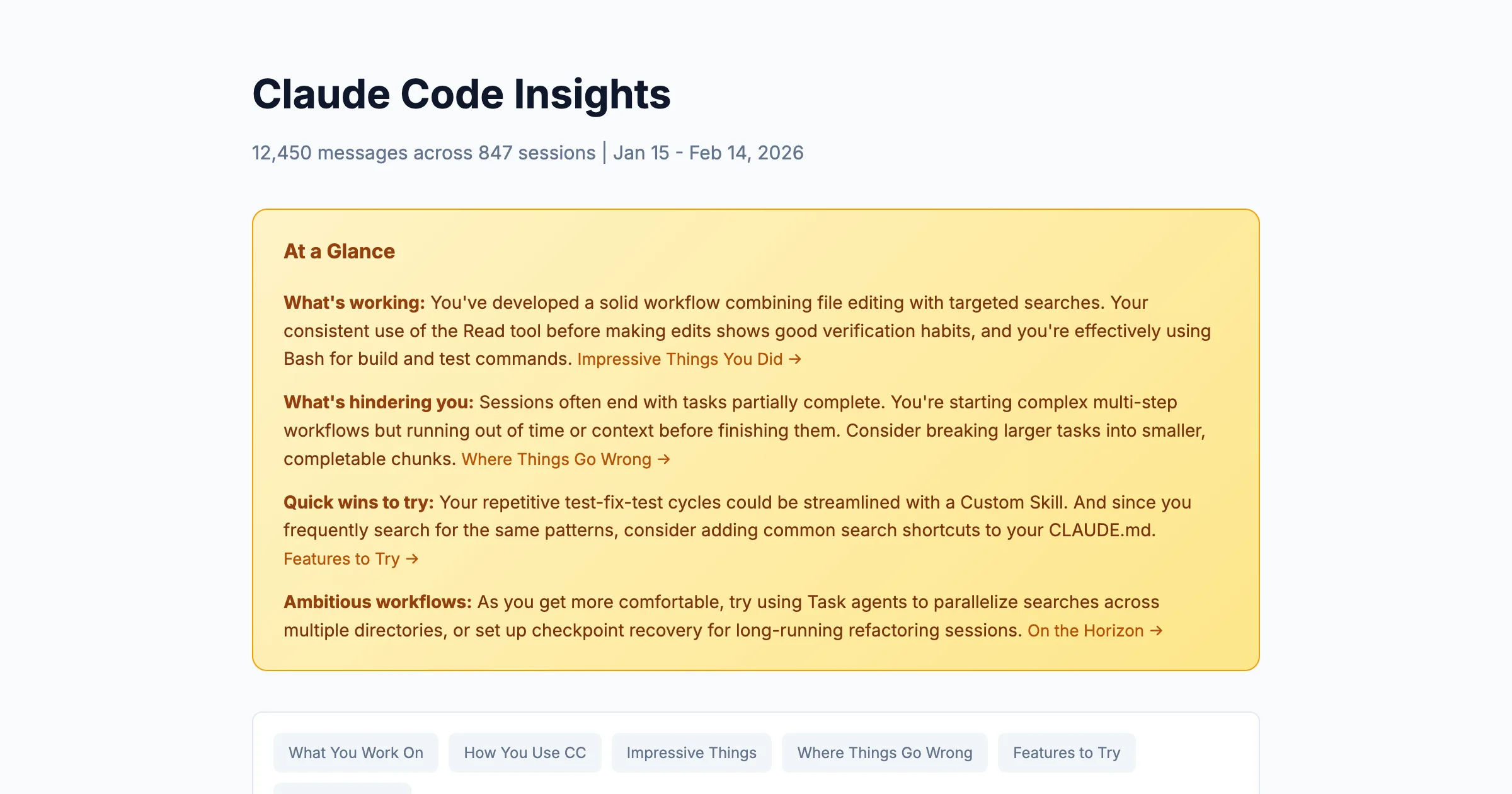 Claude Code Insights report header showing session statistics and the At a Glance summary with four categories: what's working, what's hindering, quick wins, and ambitious workflows