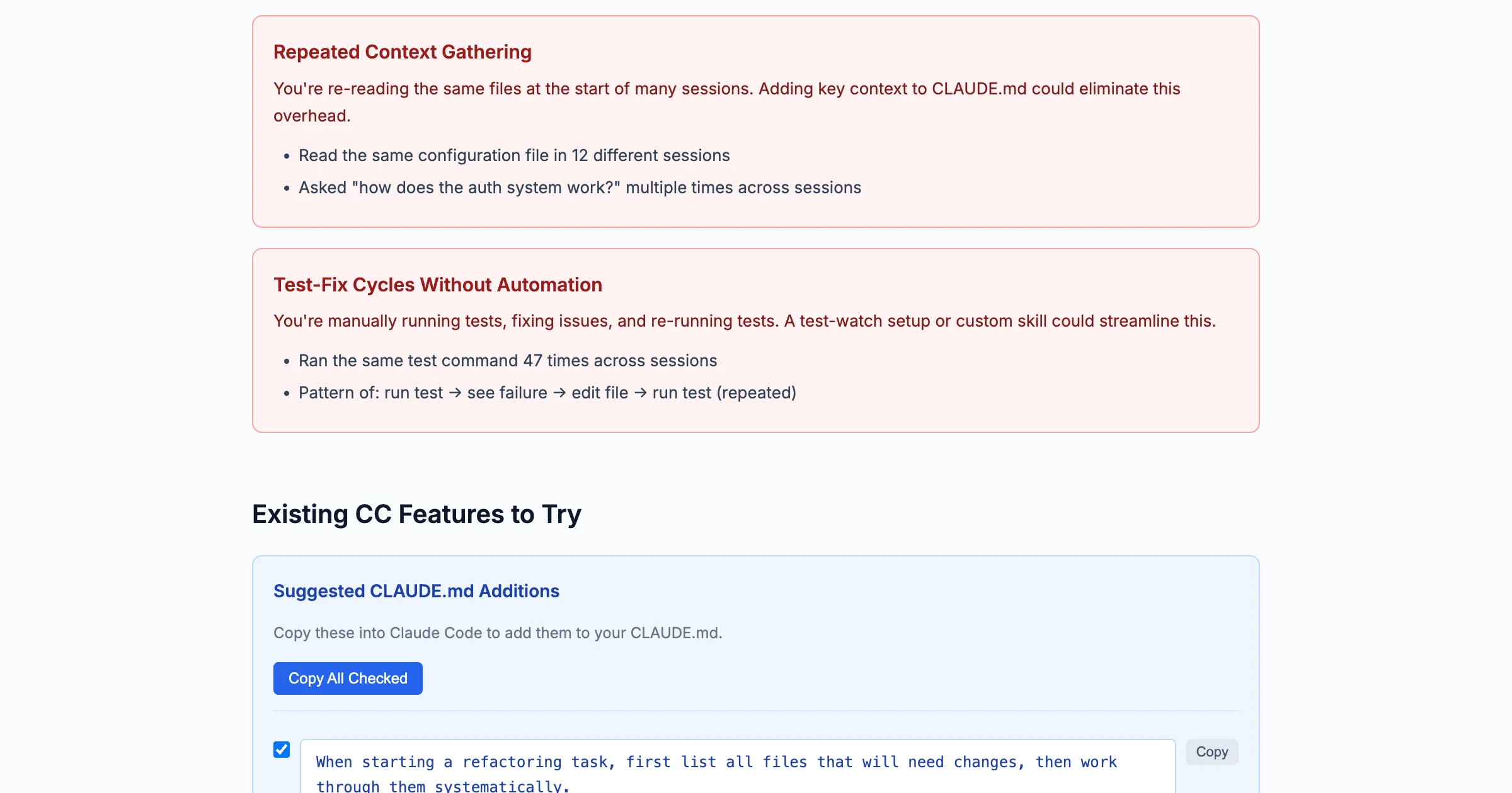 Claude Code Insights Features to Try section showing suggested CLAUDE.md additions with checkboxes and copy buttons