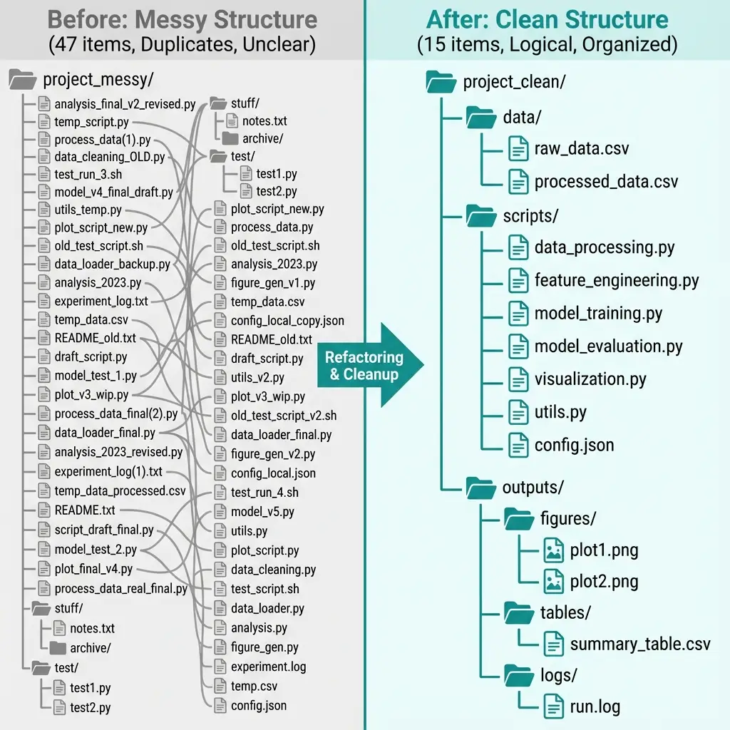 Before and after: 47 chaotic scripts transformed to organized structure