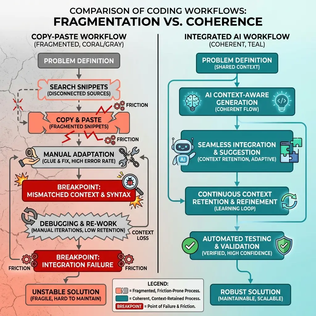 Flowchart comparing copy-paste AI workflow with agent-based workflow