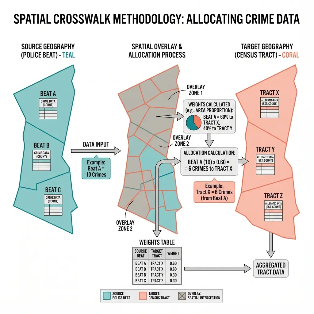 The spatial crosswalk allocates crime by area overlap
