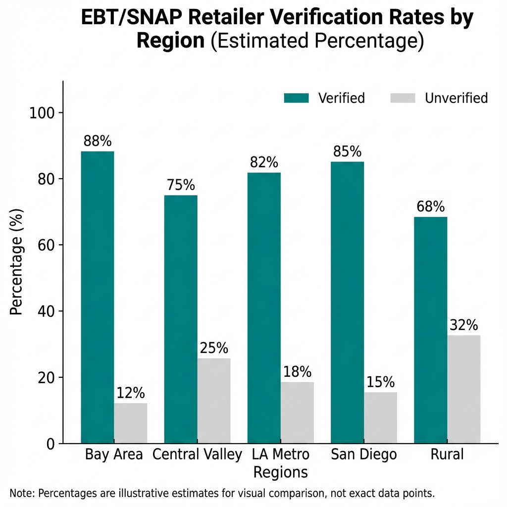Bar chart showing EBT verification rates across 7 California counties ranging from 66% to 82%