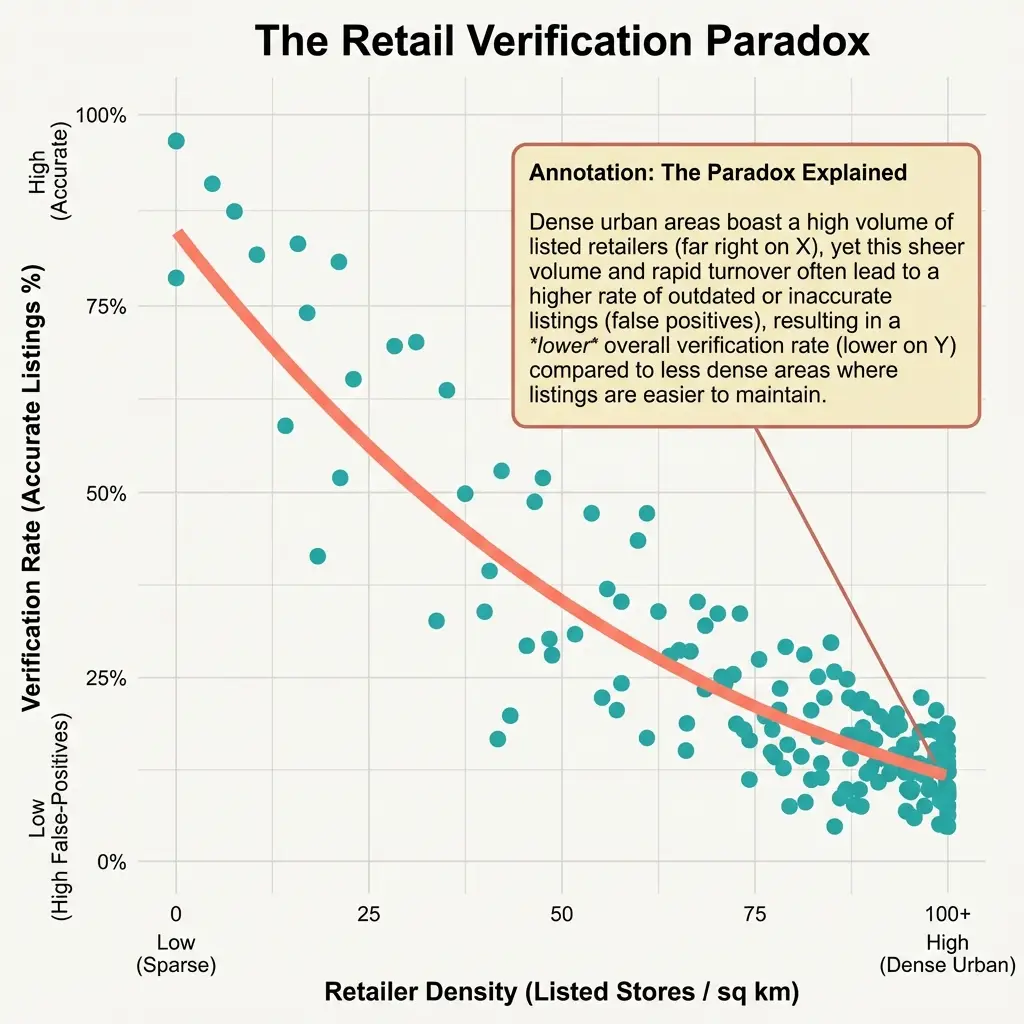 Scatter plot showing negative correlation between retail density and USDA database quality