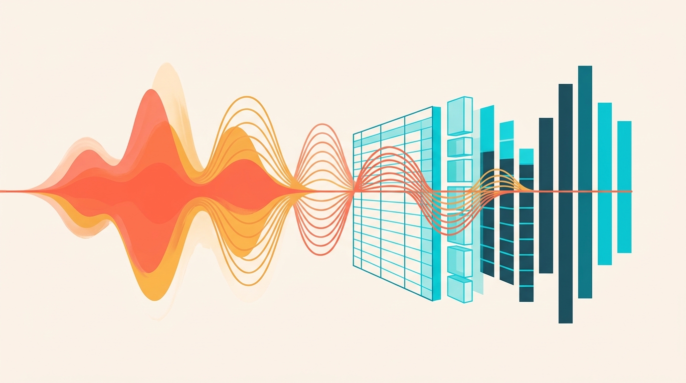 Figure 1: Transforming spoken words to countable data. Acoustic speech waveforms resolve into structured geometric ledger matrices and deterministic metrics.