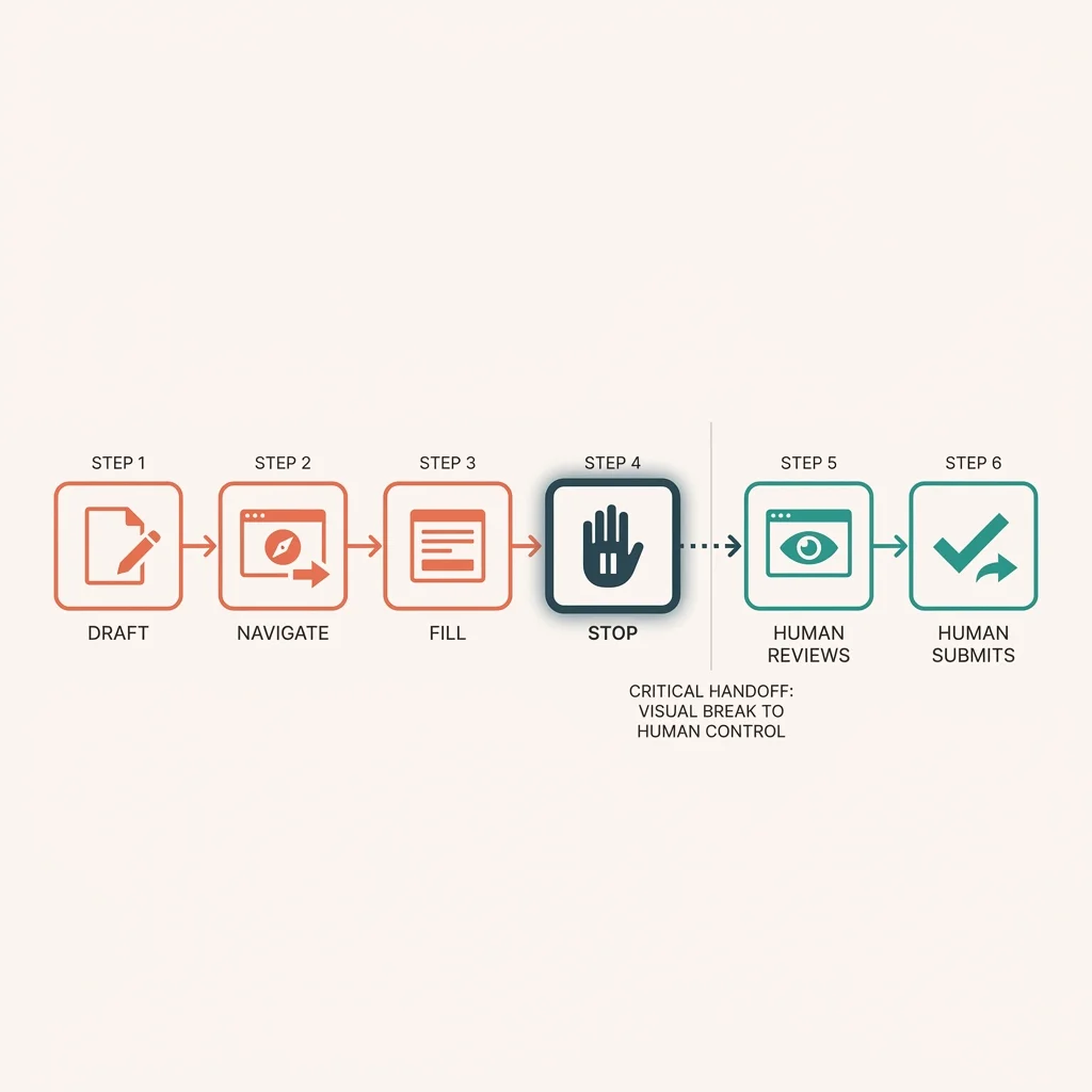 Horizontal workflow diagram showing six steps: Draft, Navigate, Fill, Stop (emphasized), Human Reviews, Human Submits. Steps 1-4 in coral represent automation, step 4 in slate marks the critical handoff, steps 5-6 in teal represent human control.