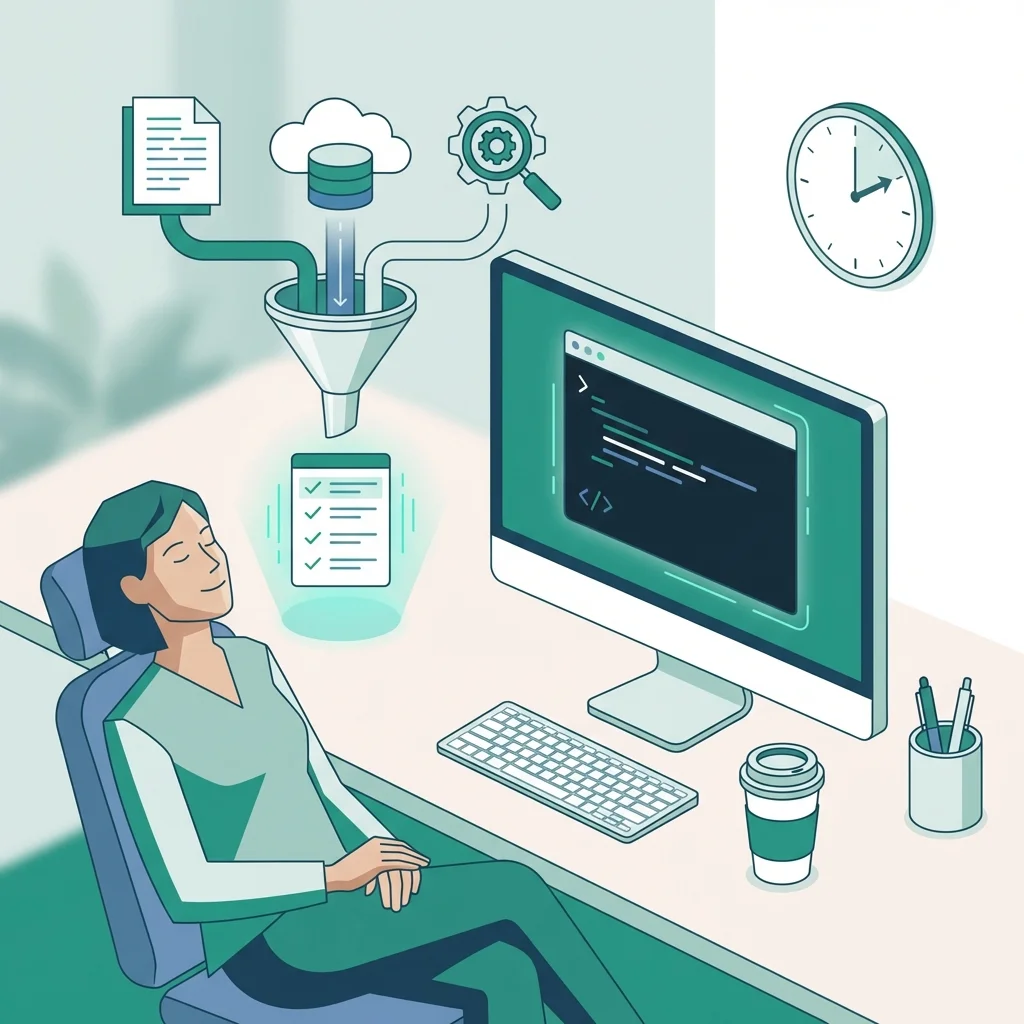 Same researcher now calm and focused with a single terminal window open. Three source icons flow into a funnel that outputs a single organized document. Clean desk, clock showing minimal time elapsed.
