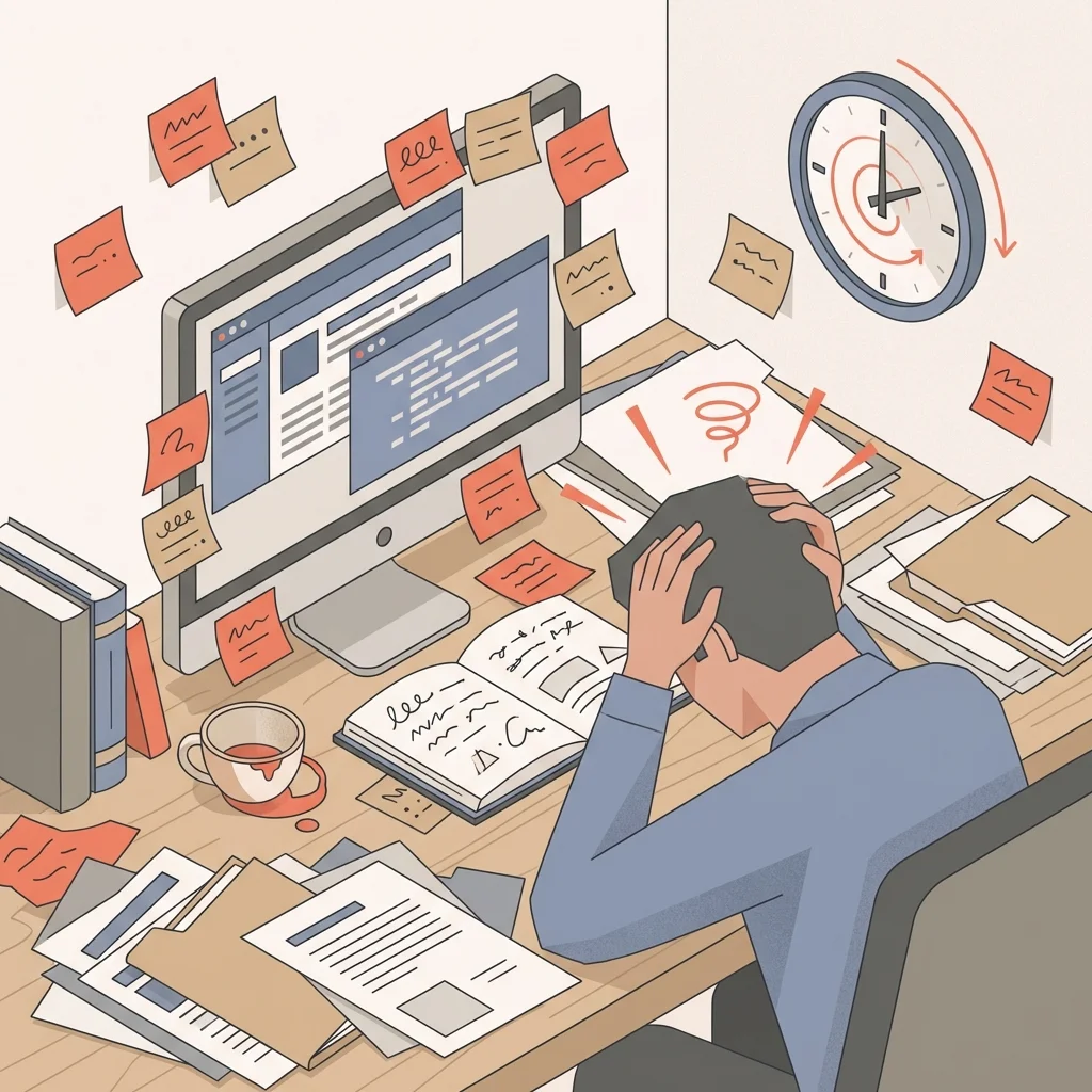 Bird's eye view illustration of a researcher at a desk surrounded by chaos: multiple browser windows showing SSRN, NBER, and Google Scholar interfaces, sticky notes scattered around, notebook with handwritten notes, clock on wall showing time passing.