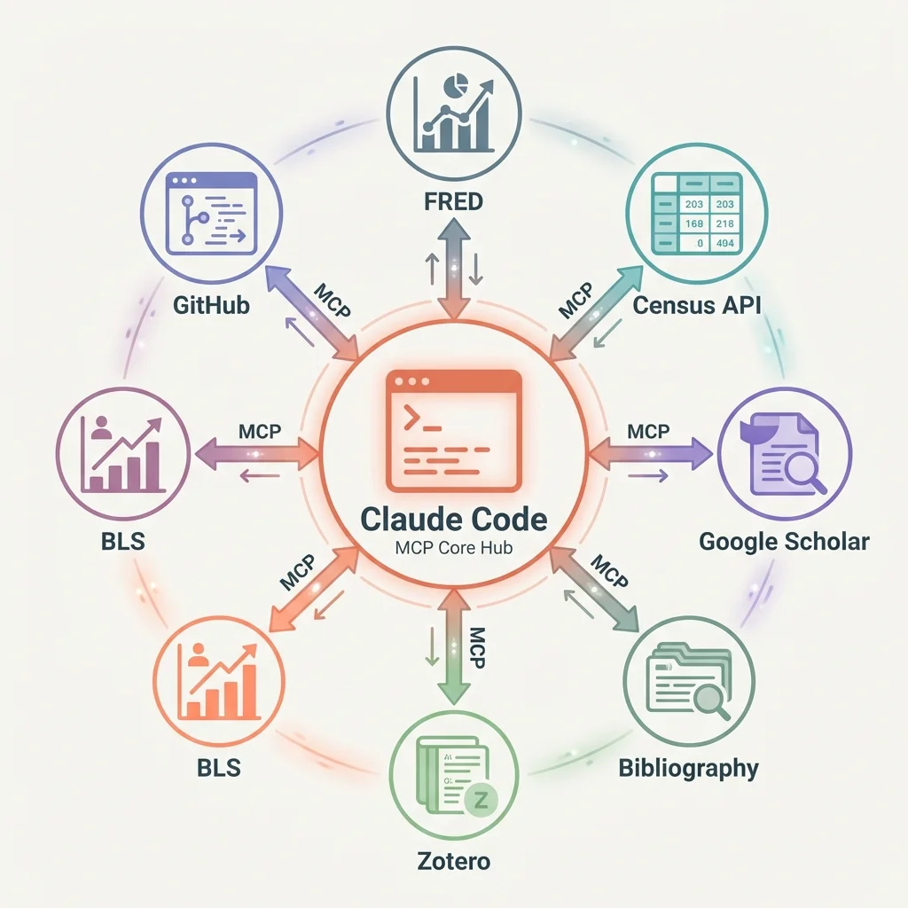 Hub-and-spoke diagram showing Claude Code at center connecting to FRED, Census, Google Scholar, Zotero, BLS, and GitHub