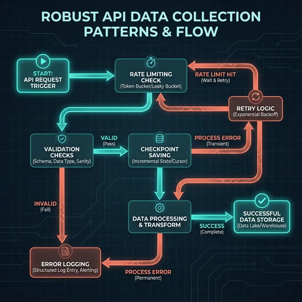 Comparison of naive API collection (crashes) versus robust patterns (successful completion)