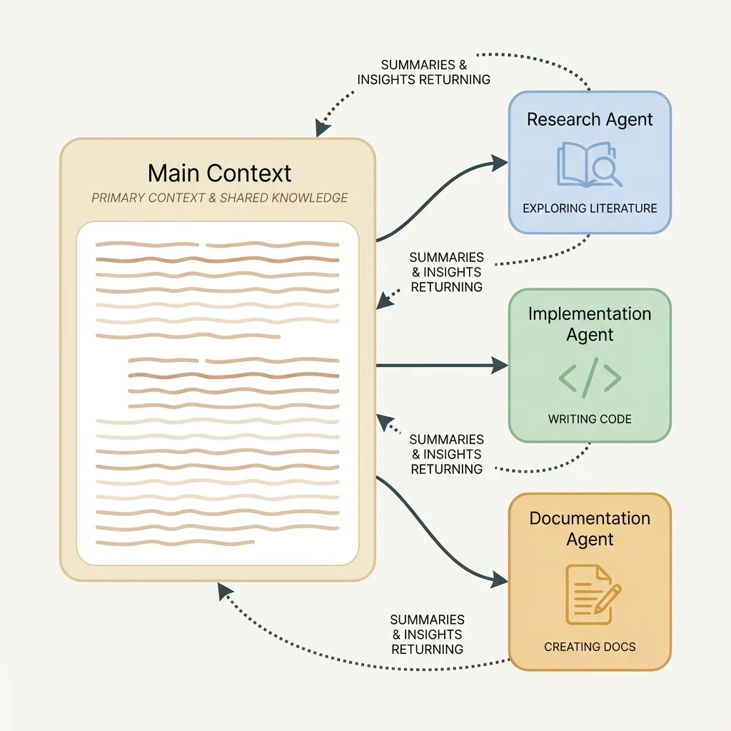 Diagram showing main context spawning separate helper agents for research, implementation, and documentation tasks