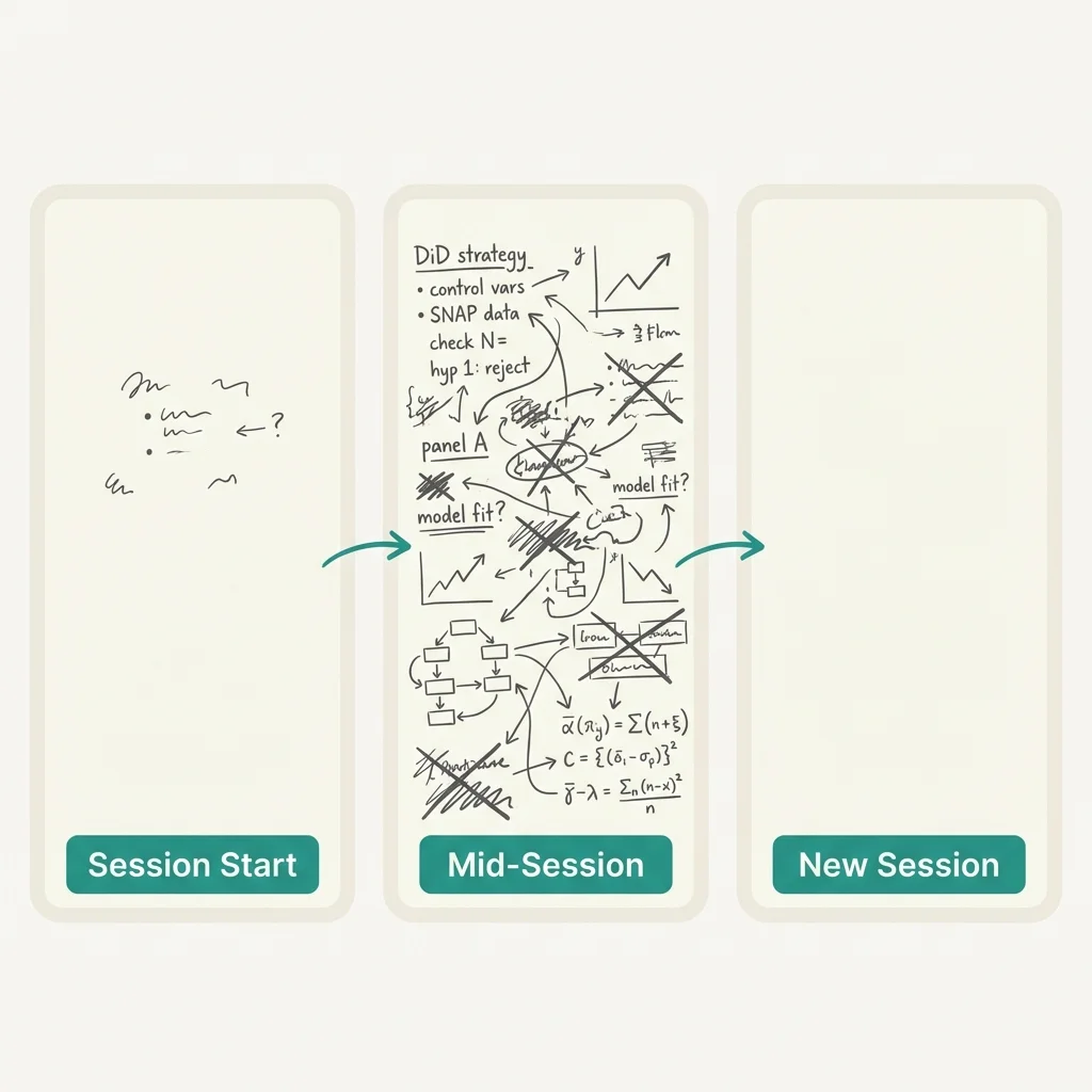 Three-panel diagram showing context window as a whiteboard: starting empty, filling up during session, then wiped clean for new session